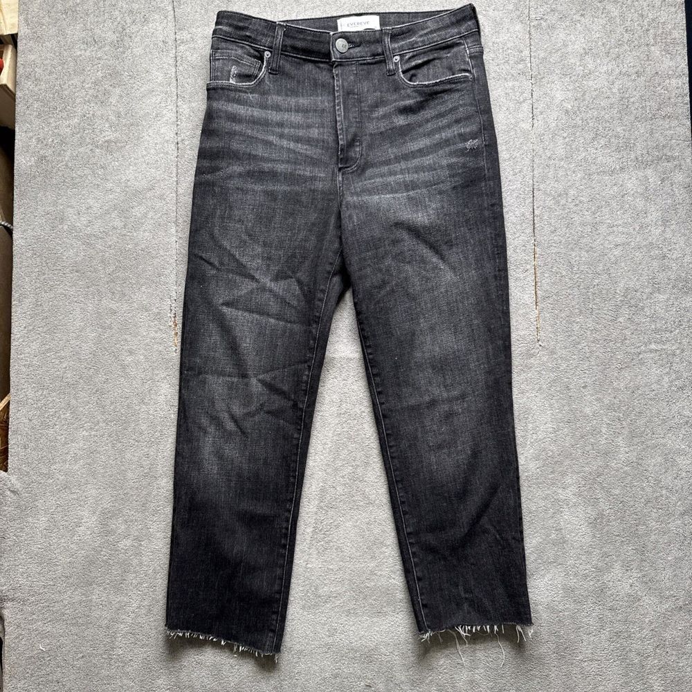 Evereve High Rise Fit Jeans Womens 28 Black Ever Straight Stretch Raw Hem